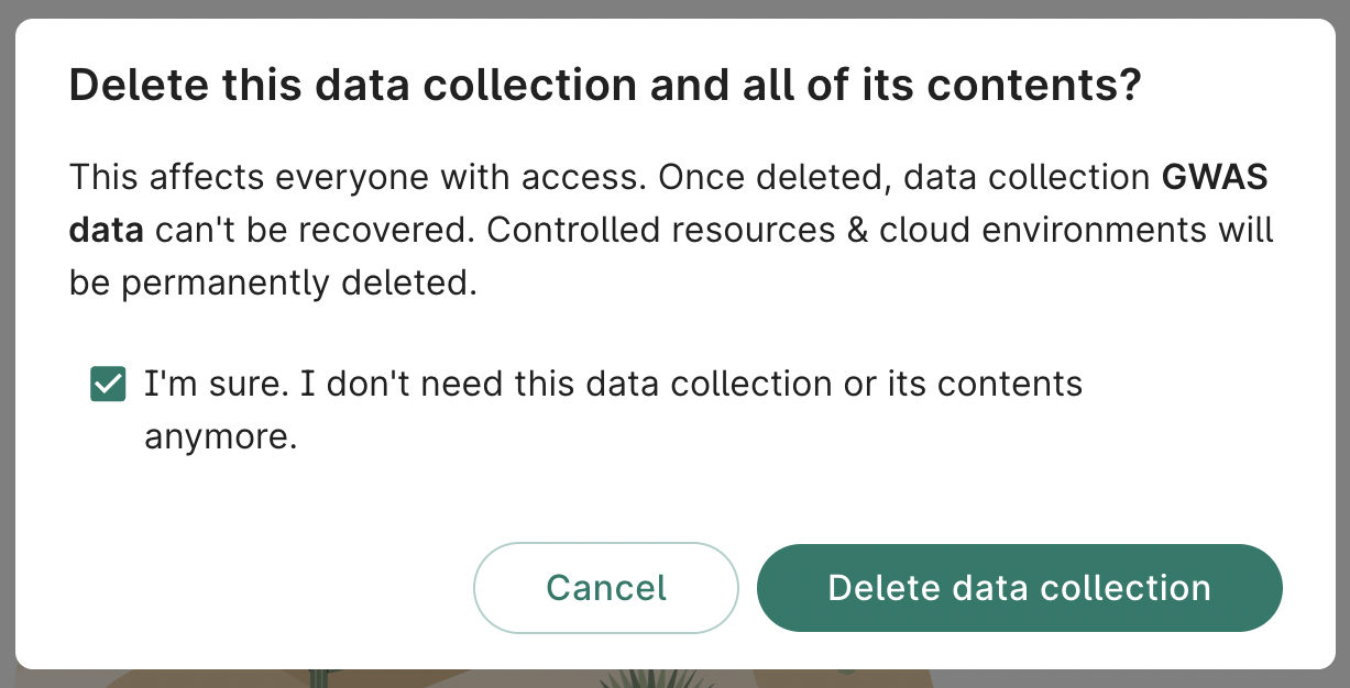 Screenshot of Delete data collection dialog.
