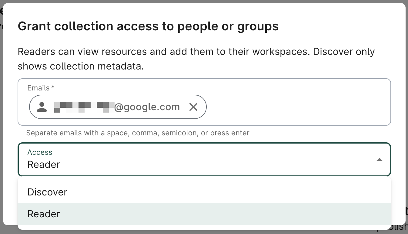 Screenshot of Grant collection access to people or groups dialog, showing email input field and dropdown with Discover and Reader access options.