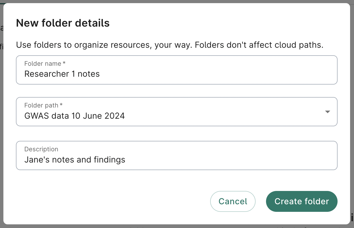 Screenshot of the New folder details dialog where users can add a folder name and description.