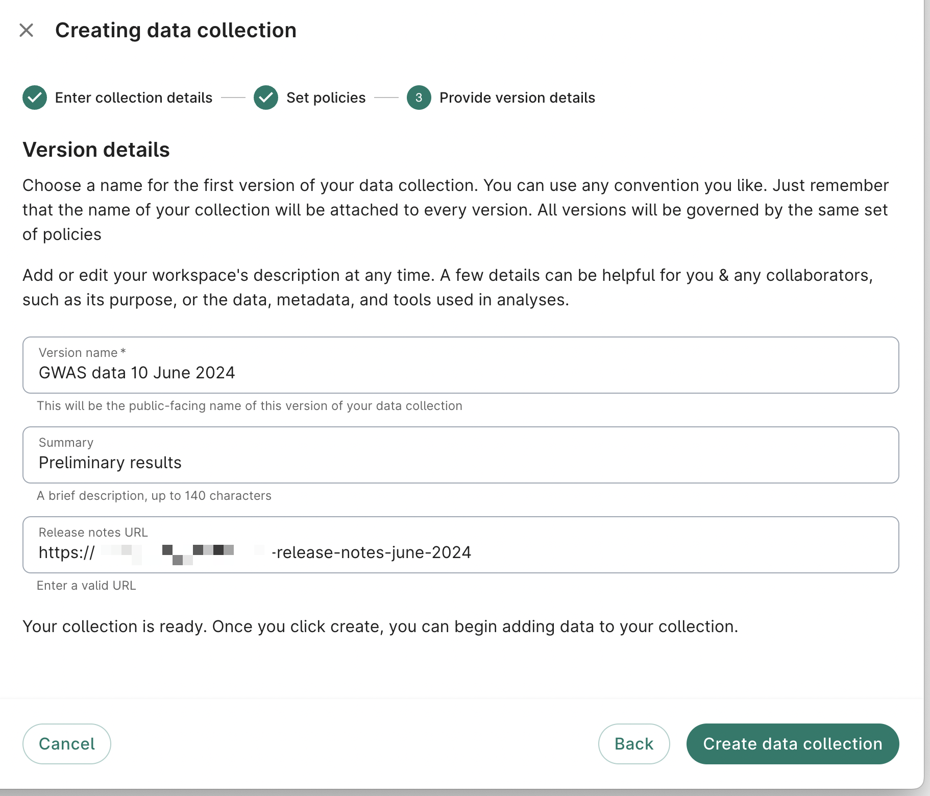 Screenshot of Provide version details dialog, the last step when creating a data collection.