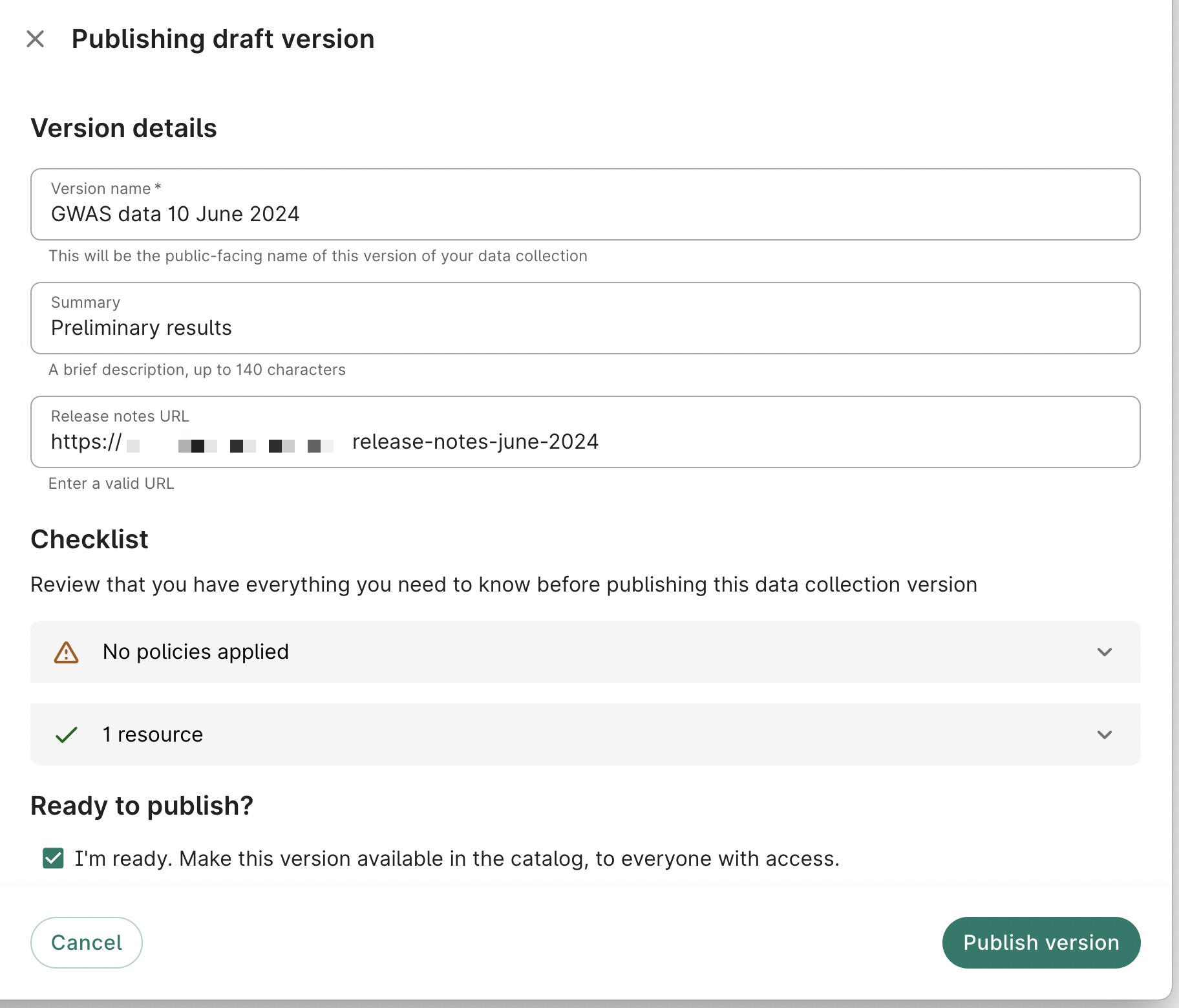 Screenshot of Publishing draft version dialog showing versions details and checklist to review prior to publishing a version.