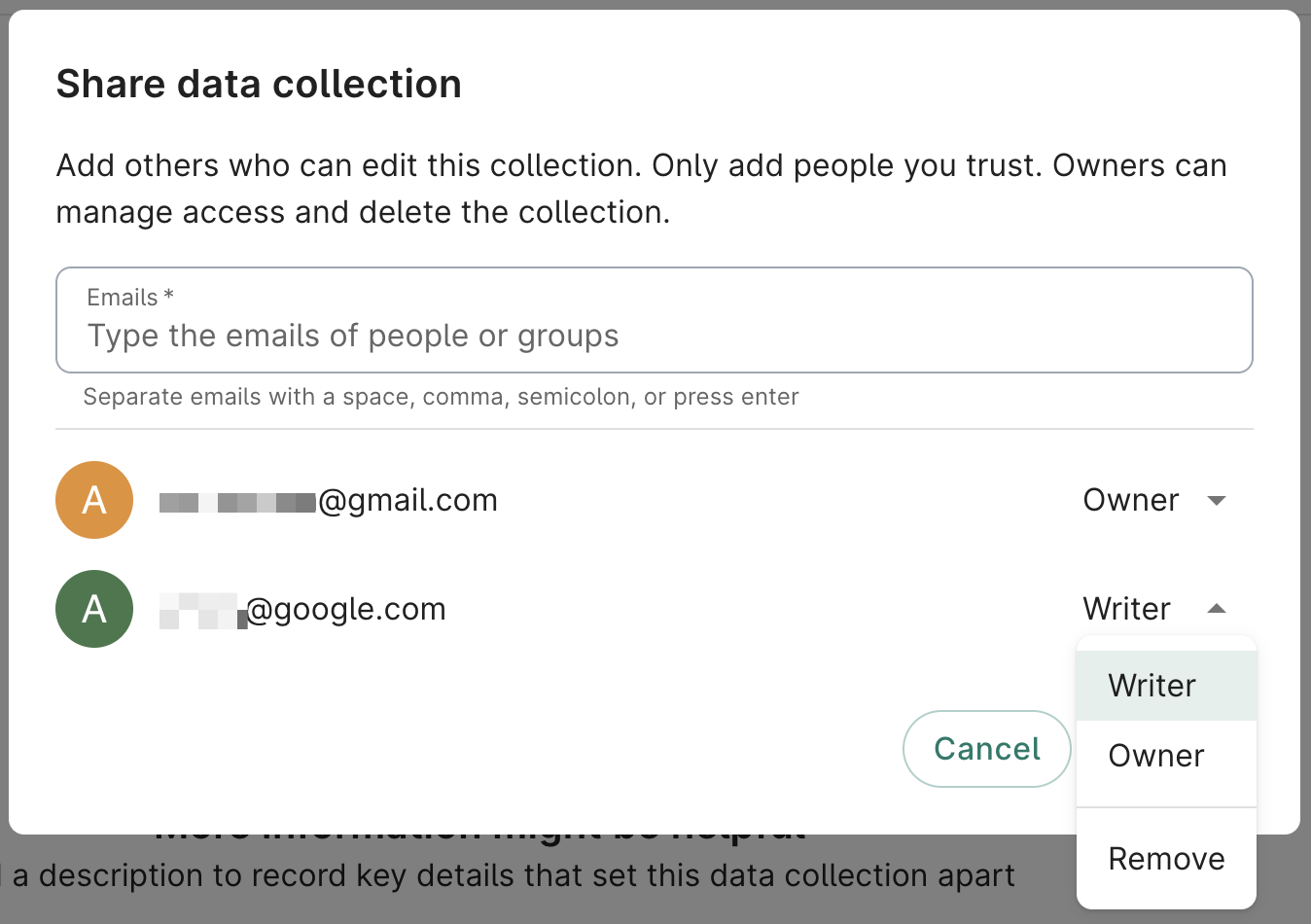Screenshot of the Share data collection dialog showing a list of users the data collection's been shared with, their access levels, and the dropdown to change the access level.