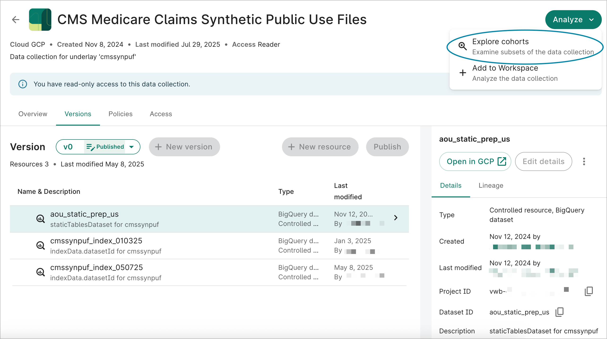 A data
      collection details page with the Explore cohorts option highlighted.