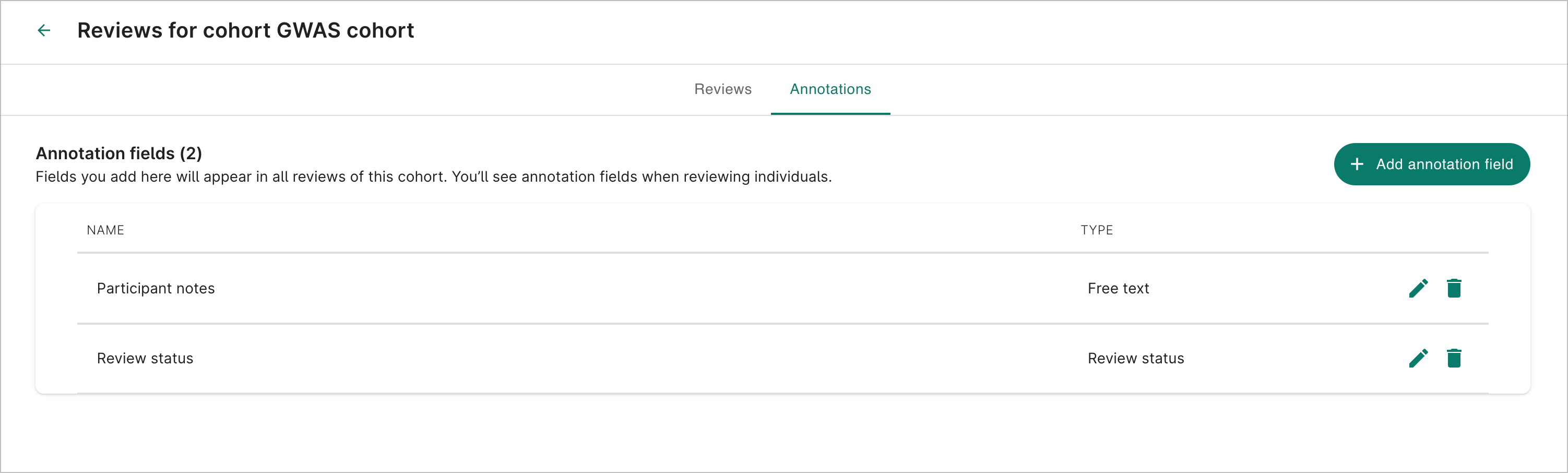 Two annotation fields listed for the
cohort.