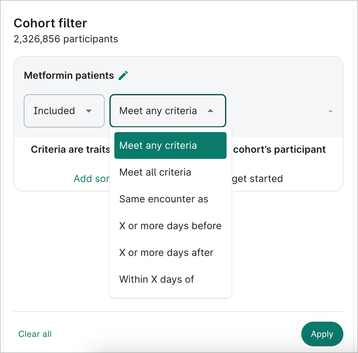 Cohort filter dropdowns, with
 the any, all, and temporal options shown.
