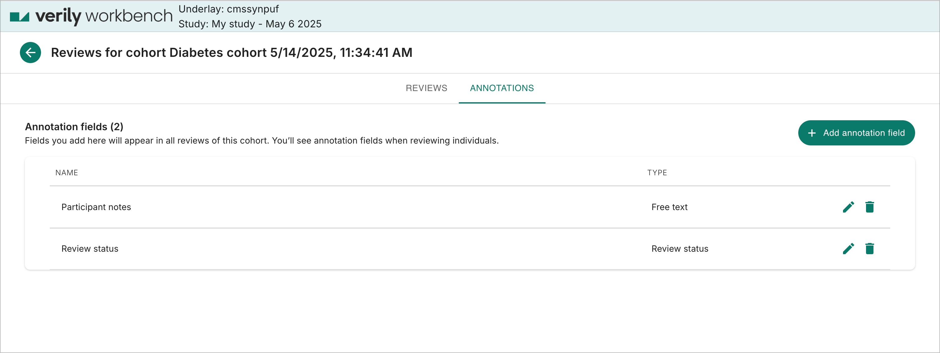 Two annotation fields listed for the Diabetes cohort.