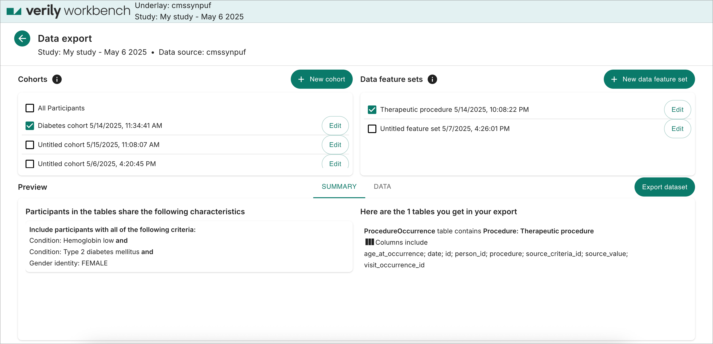 Data export page showing a summary of the criteria in the selected cohort and feature set.