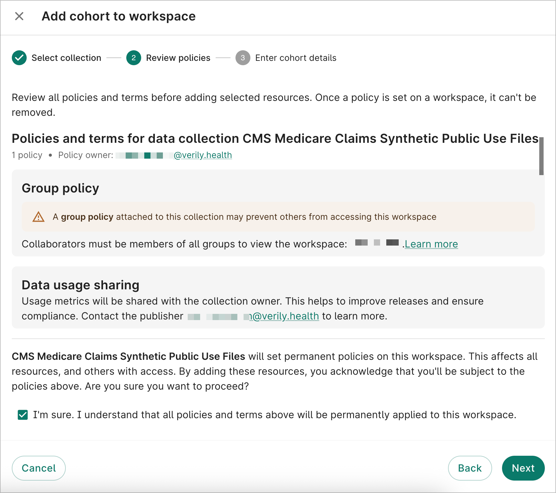 Policies and terms listed for
the selected data collection.