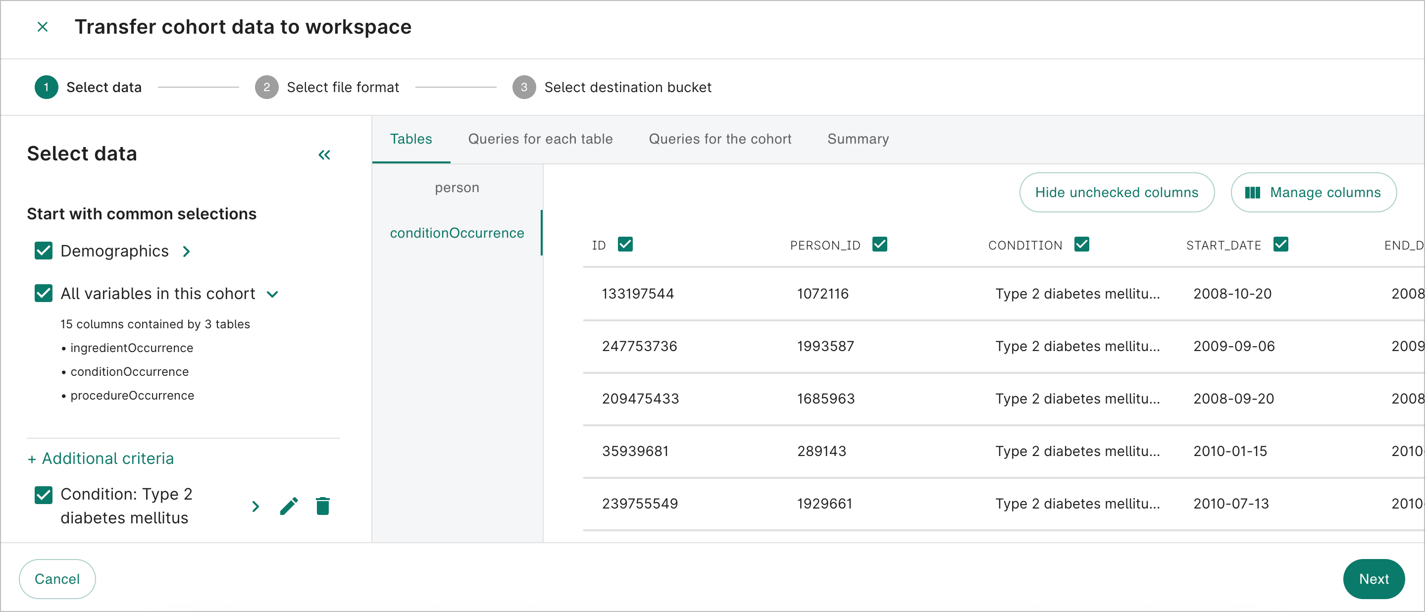 The Select data step showing
a conditionOccurence table for the cohort.