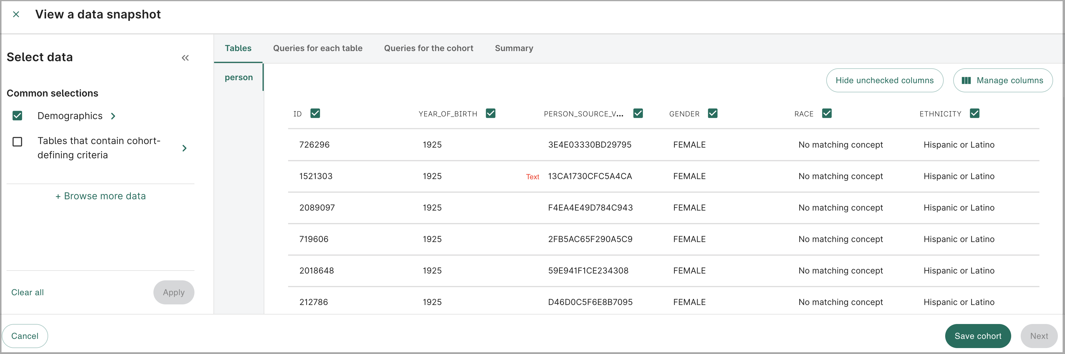 The View data snapshot
   dialog showing the person table.