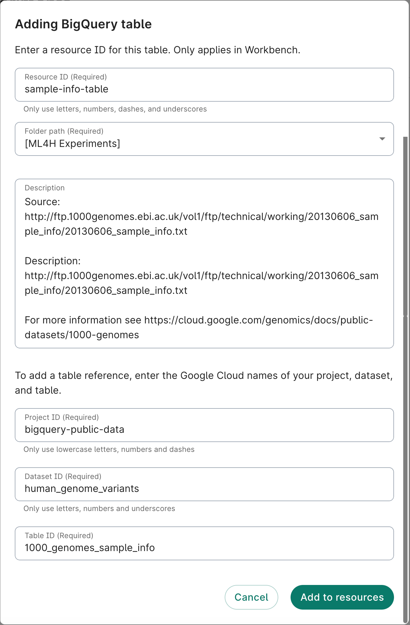 Screenshot of the Adding BigQuery table dialog.