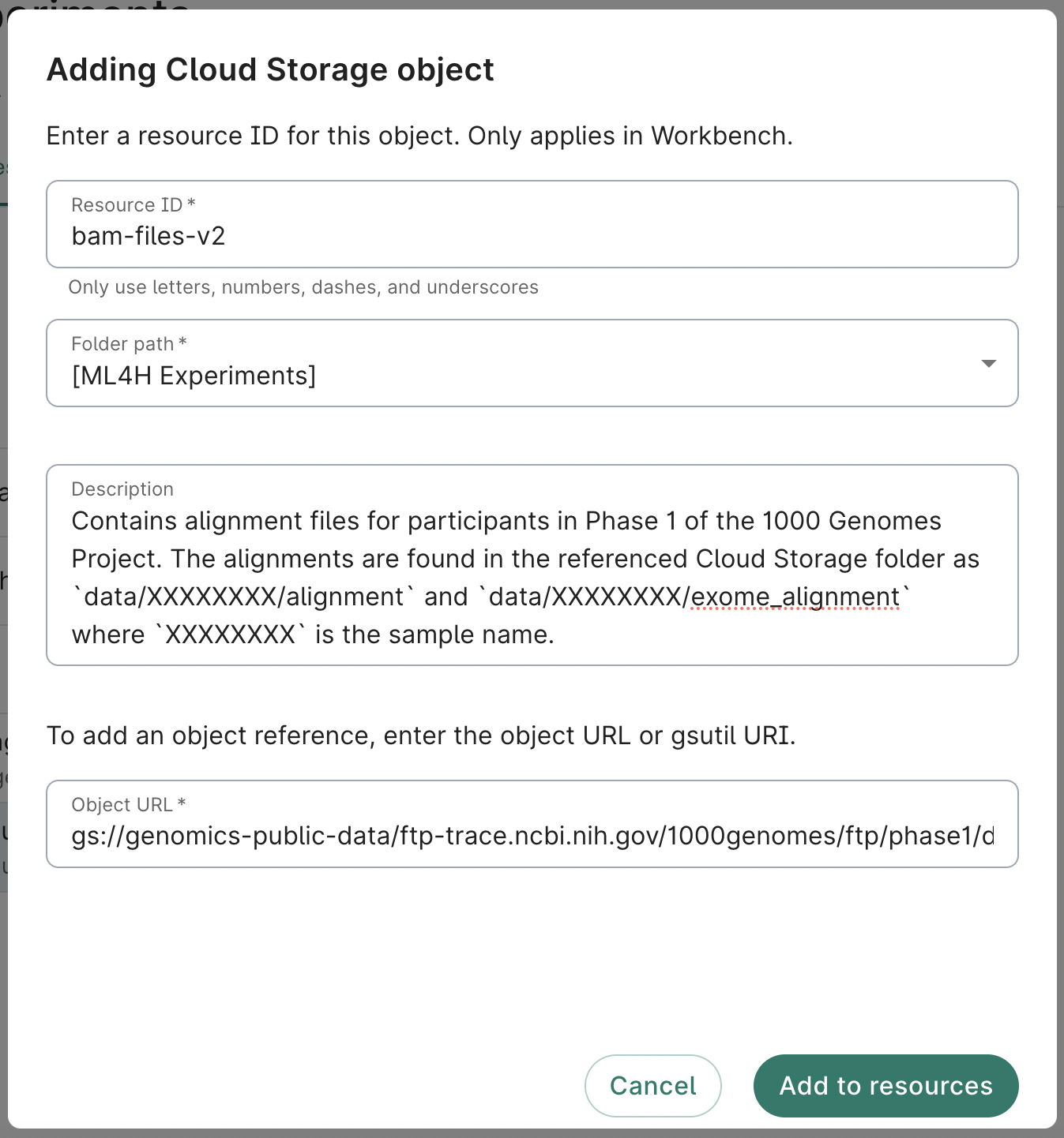 Screenshot of the Adding Cloud Storage object dialog