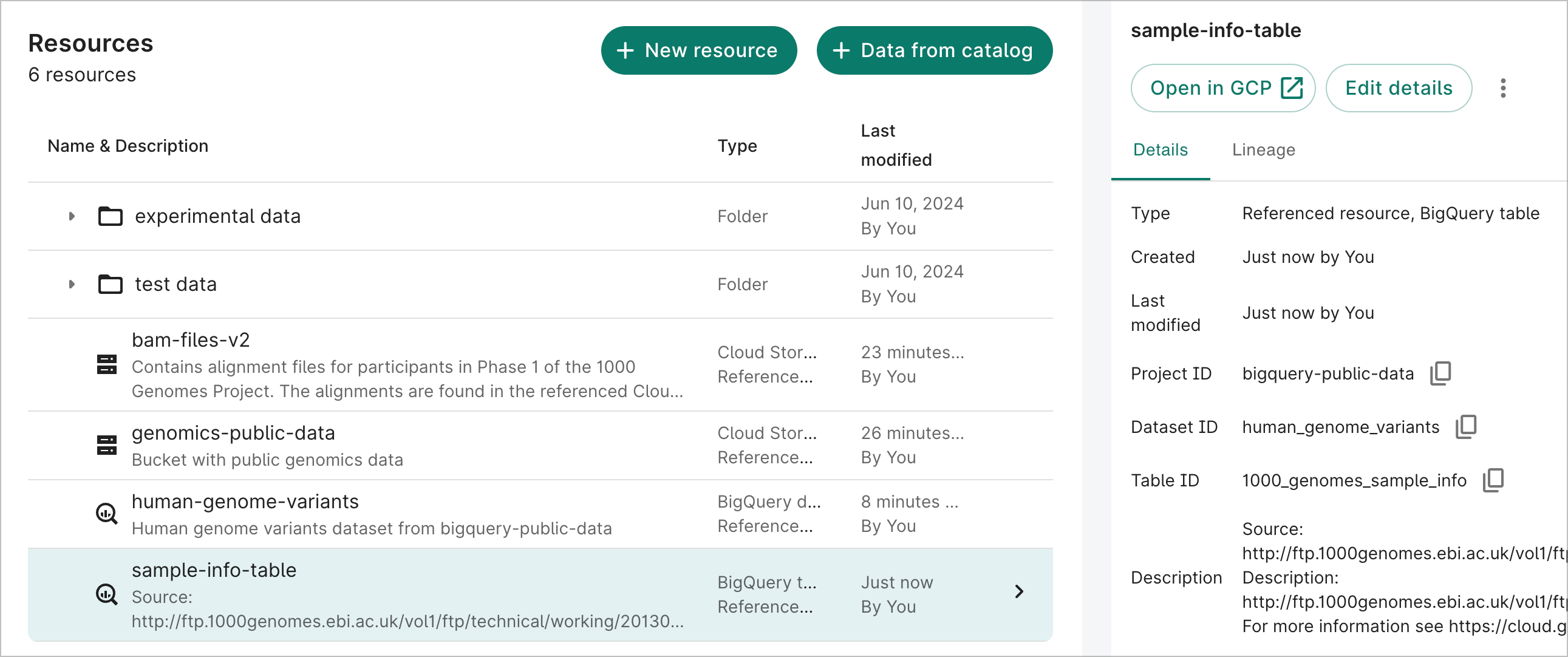 Screenshot showing details of a BigQuery table referenced resource.