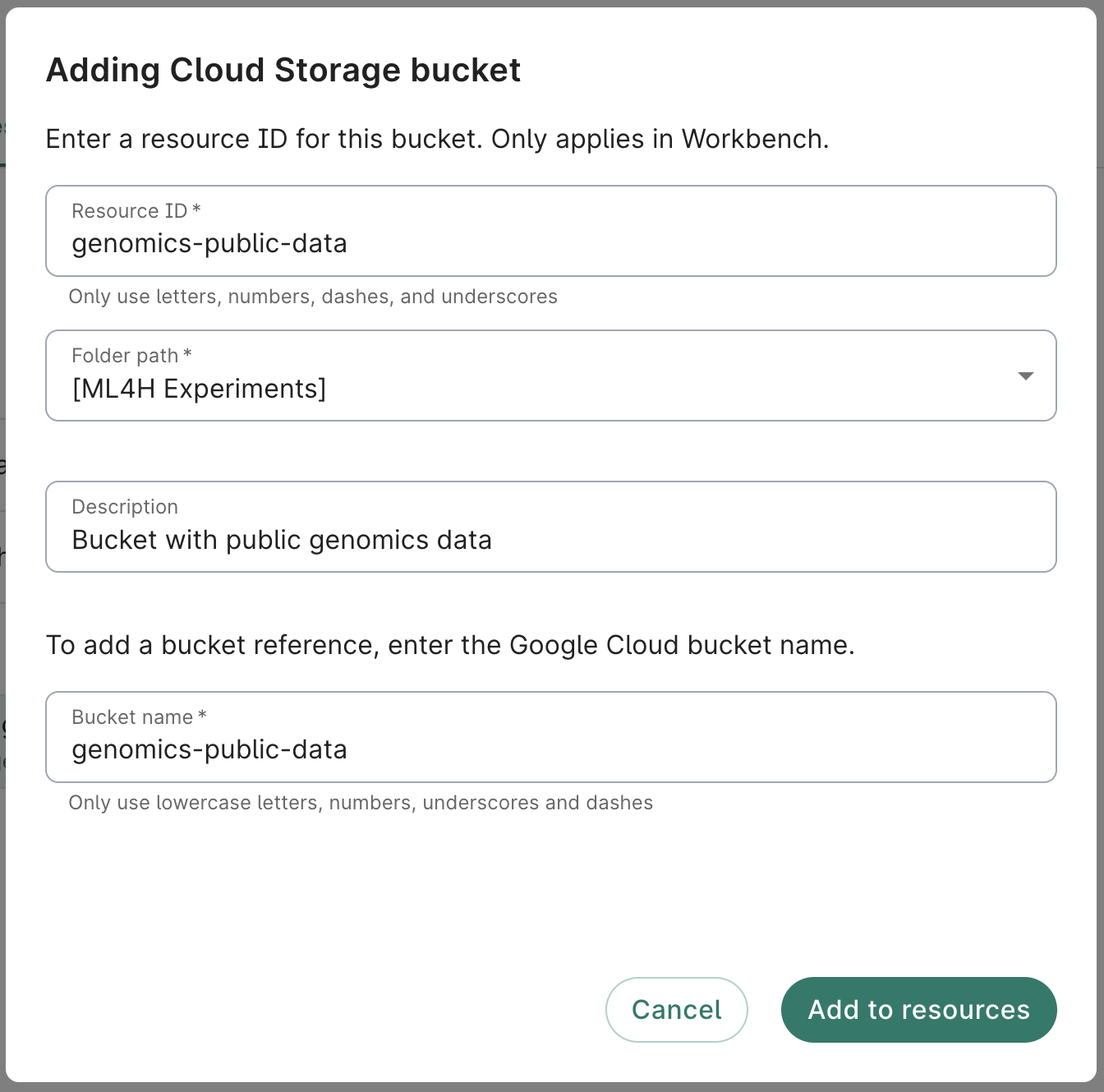 Screenshot of the Adding Cloud Storage bucket dialog