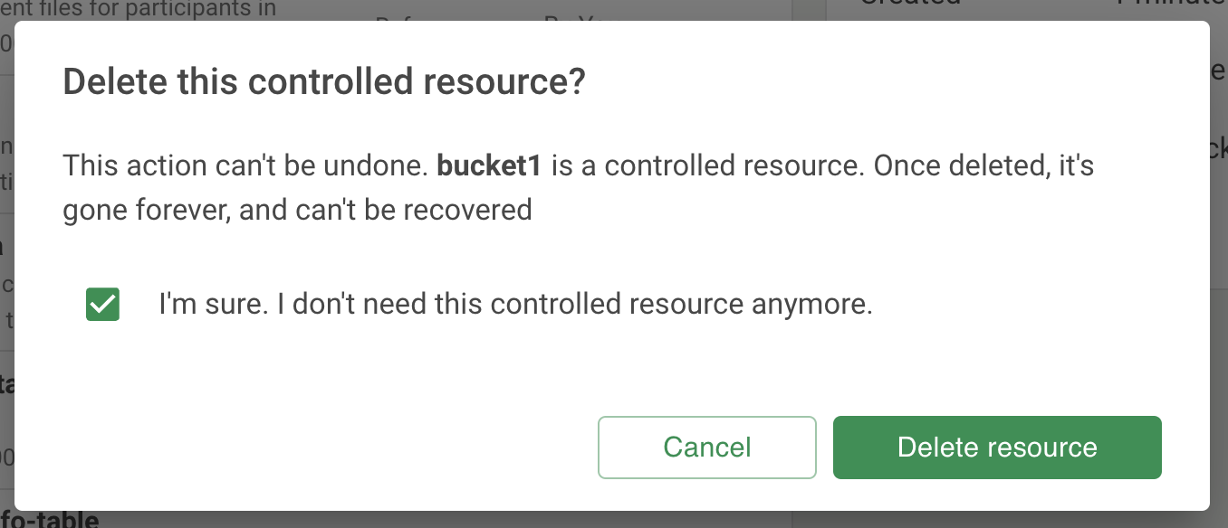 Screenshot of the dialog that appears when a user chooses to delete a controlled resource.