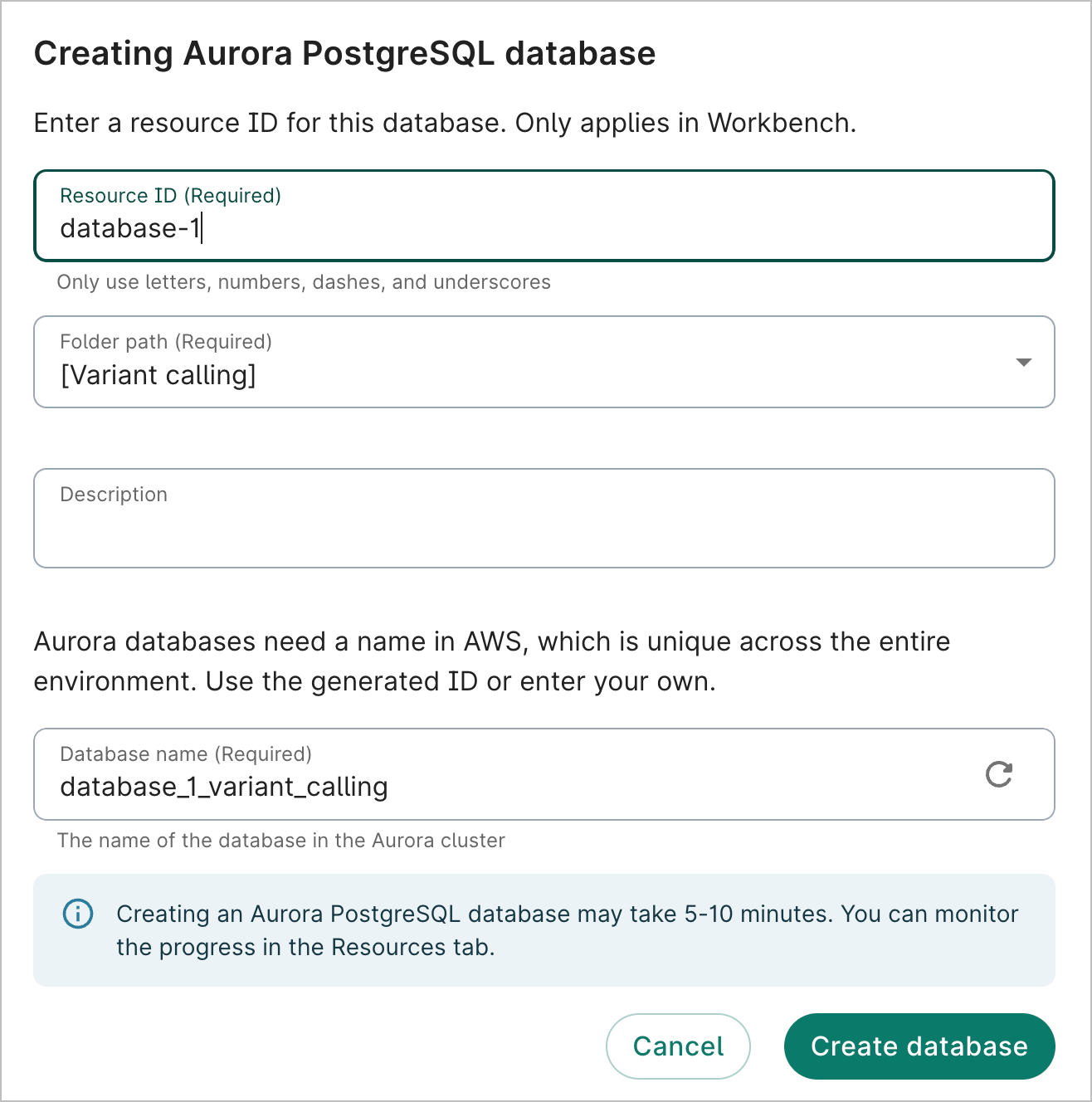 The Creating
 Aurora PostgreSQL database dialog.