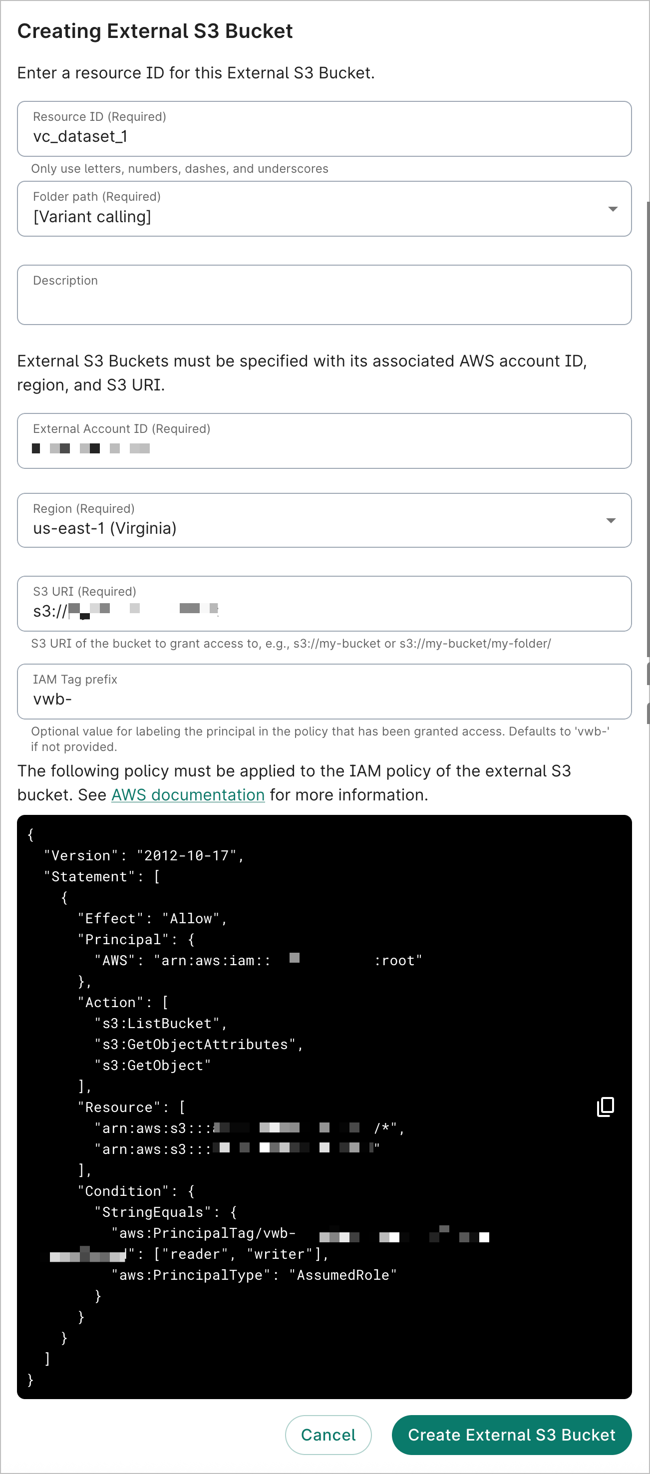 The Creating
  External S3 Bucket dialog.