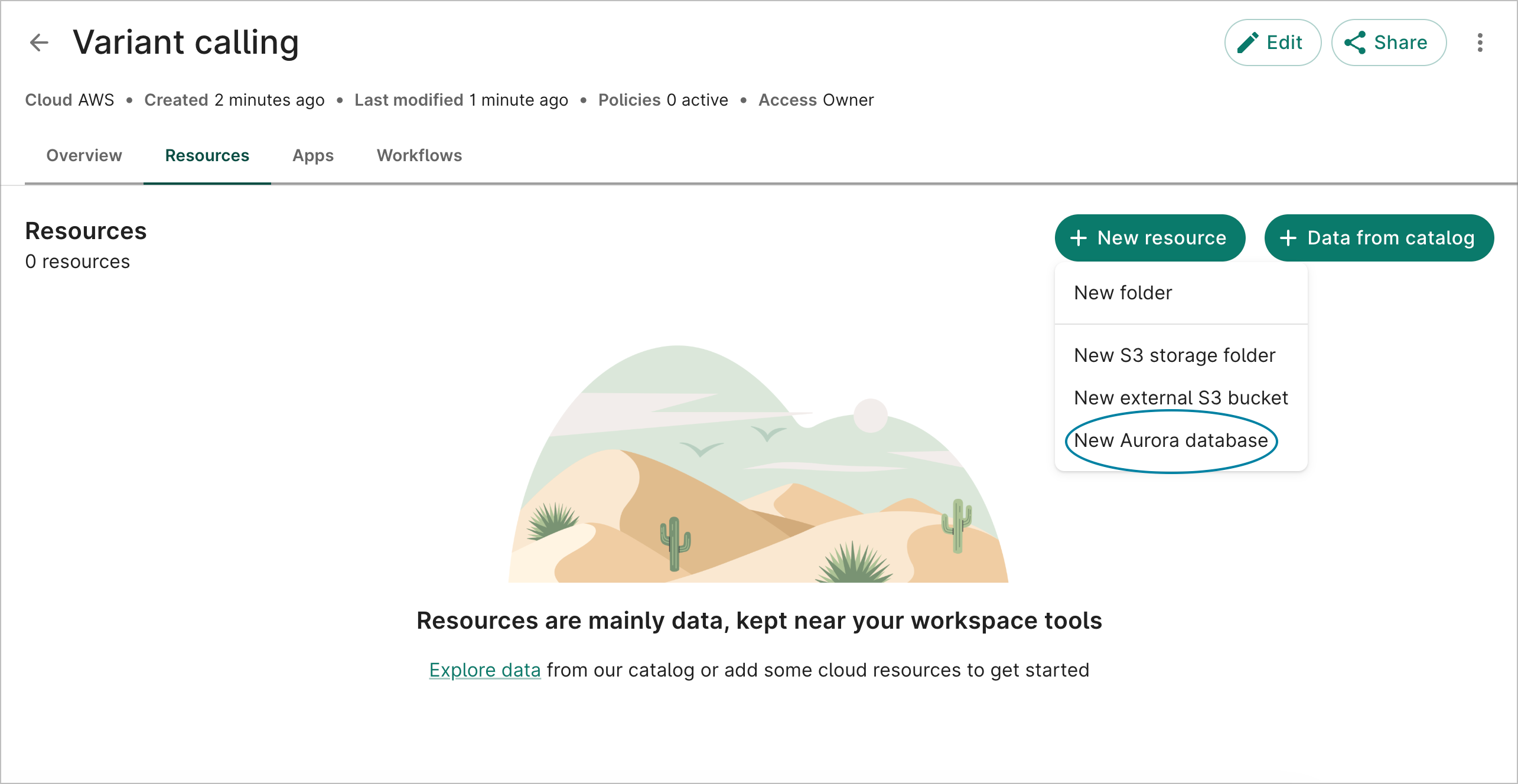 A workspace's
  Resources page, with the New Aurora database option highlighted.