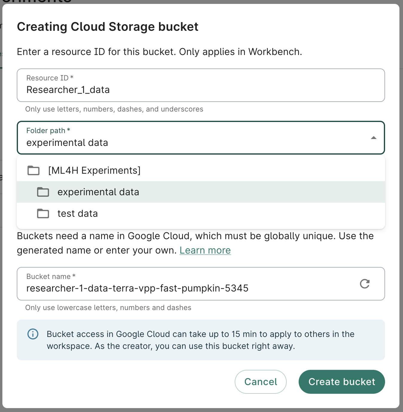 Screenshot of the Creating Cloud Storage bucket dialog, showing the folder path for the newly created bucket.