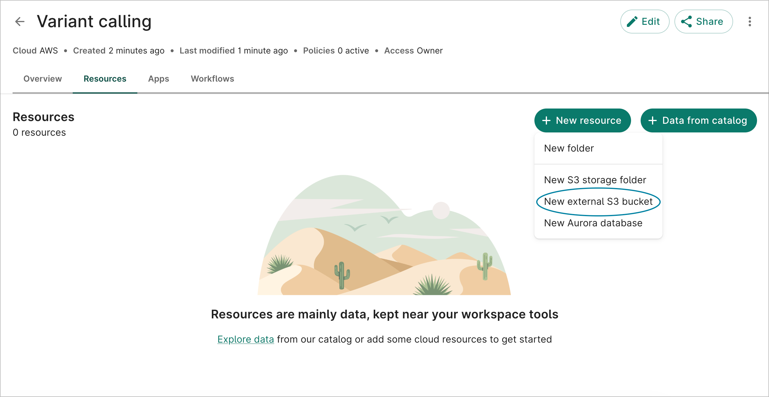 A workspace's
  Resources page, with the New External S3 Bucket option highlighted.