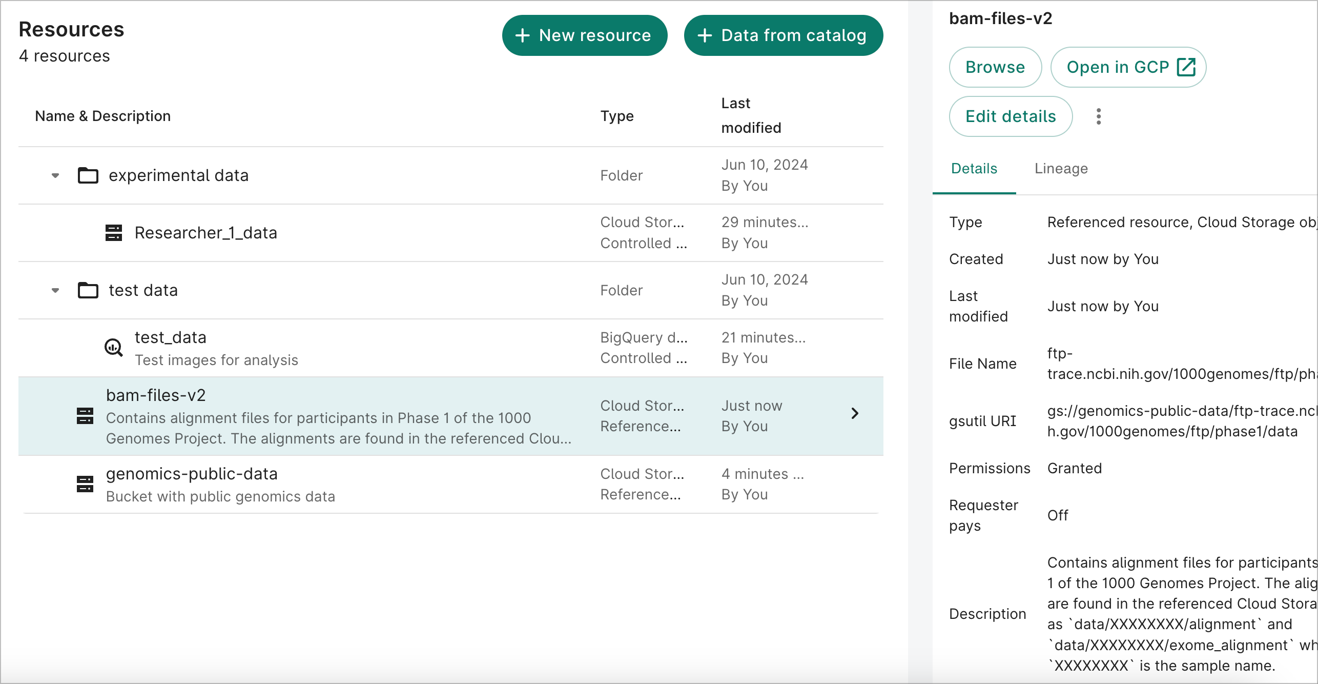 Screenshot showing details of a Cloud Storage object referenced resource.