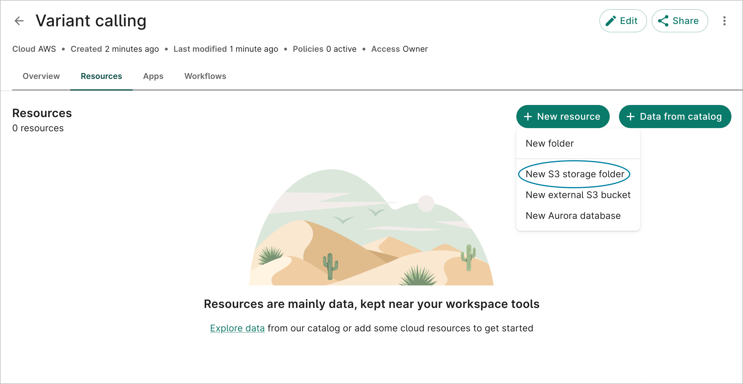A workspace's
  Resources page, with the New S3 Storage Folder option highlighted.