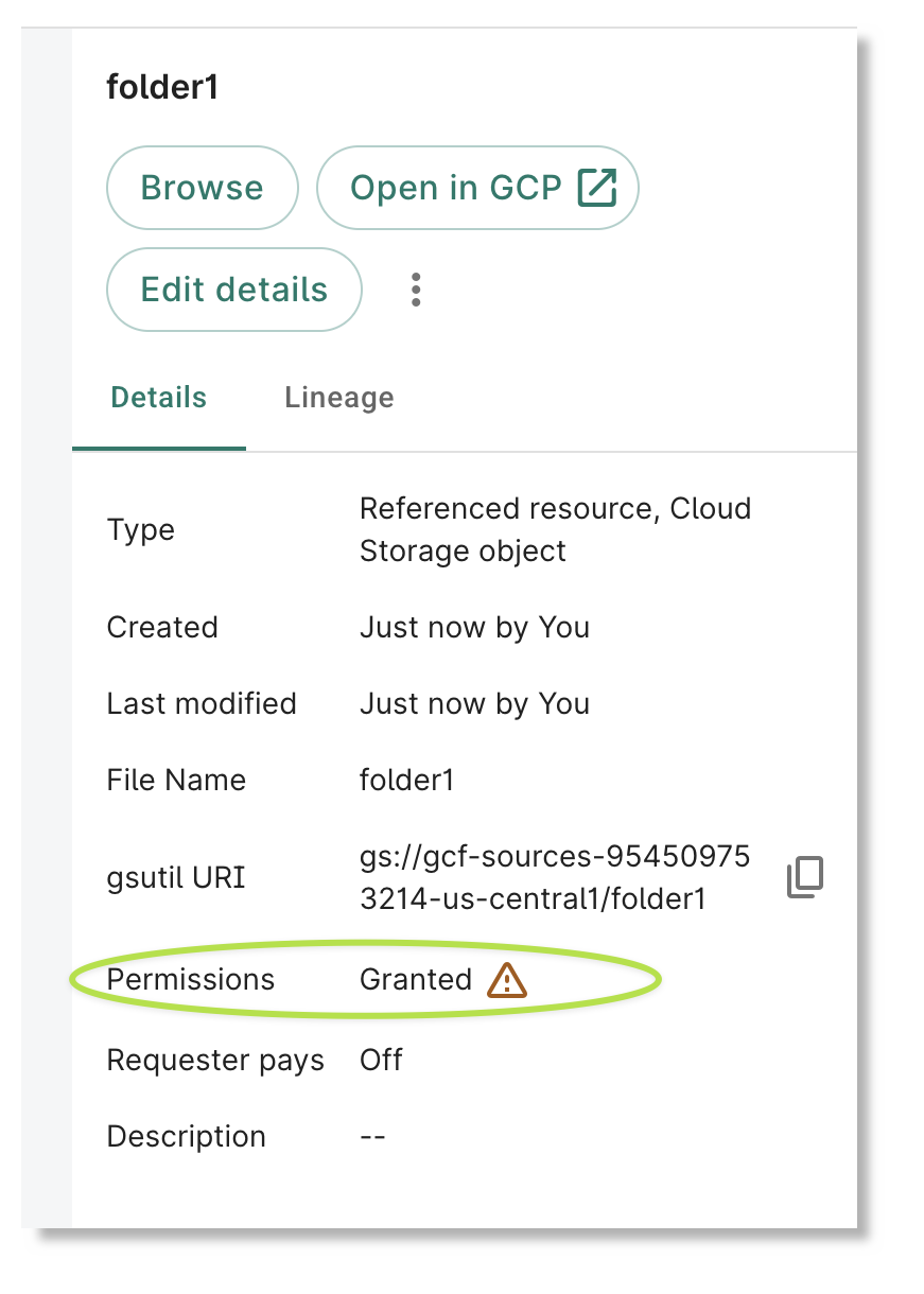 'Permissions: Granted' indicates that the user has access to the referenced Managed Folder