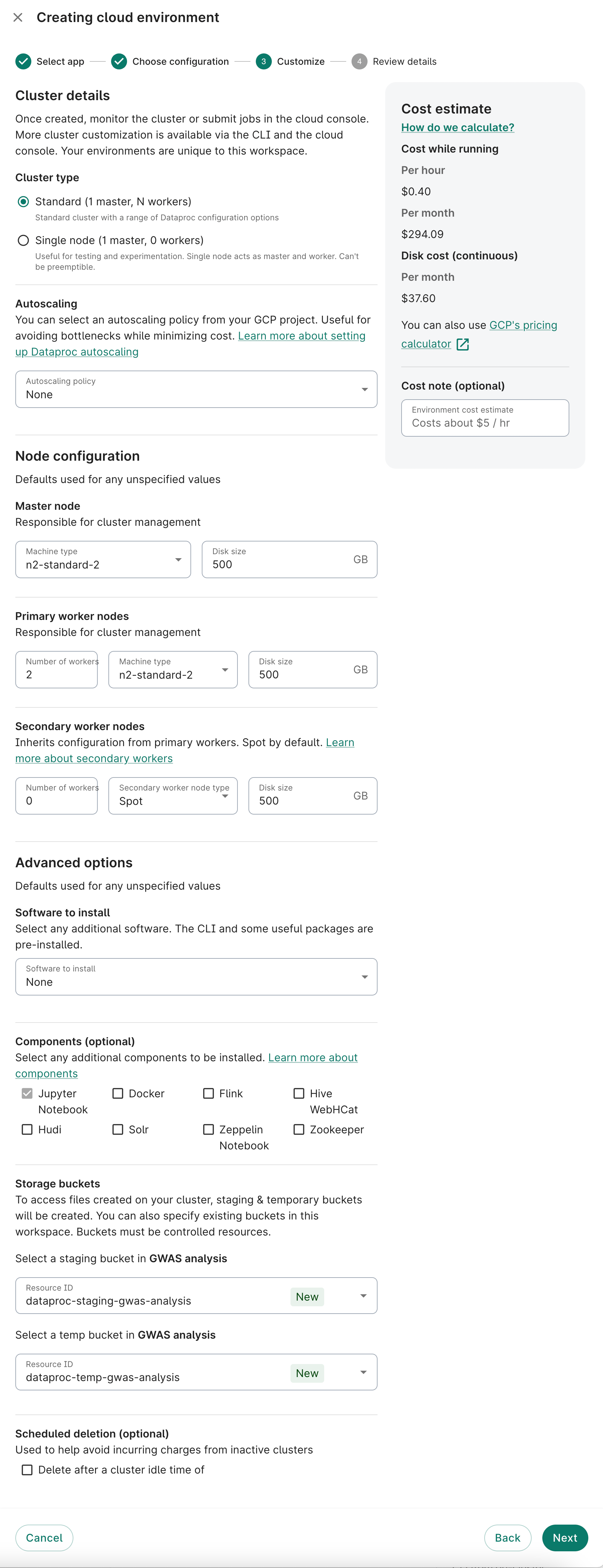 Screenshot of Customize dialog, the third step when creating a cloud environment, showing all of the cluster and node options you can customize.