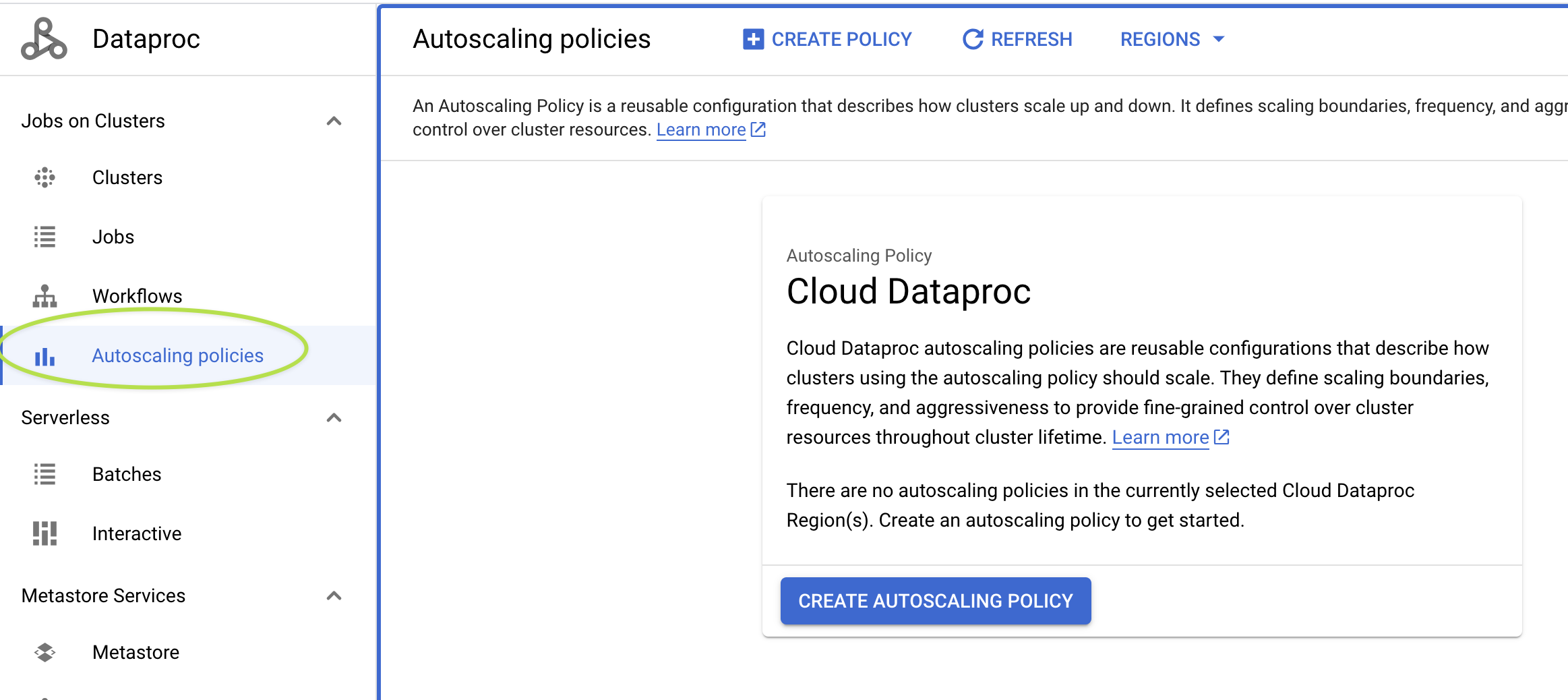 Screenshot of Autoscaling policies page in Google Cloud console, with 'Autoscaling policies' link highlighted in left menu.