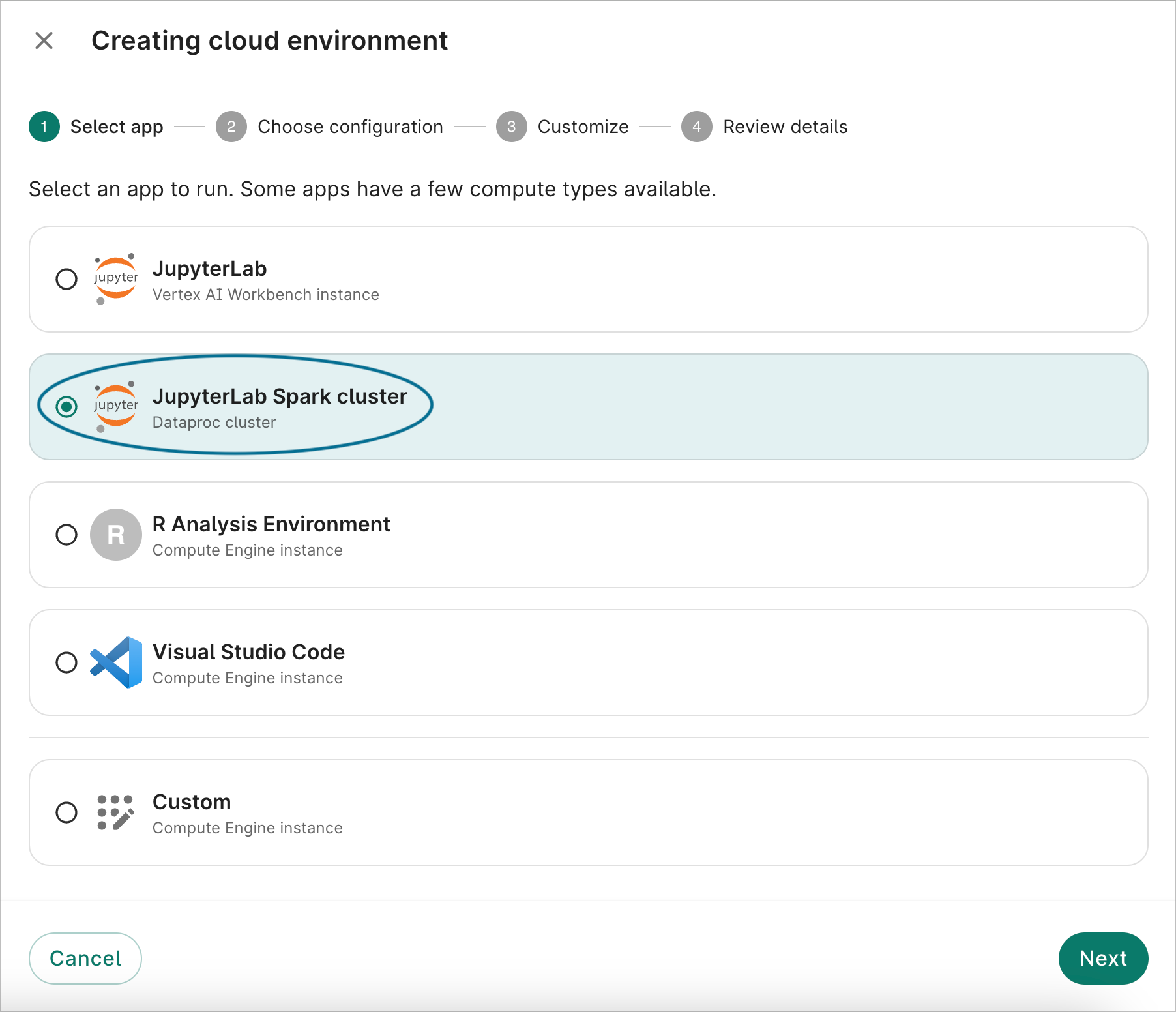 Screenshot of Select app dialog, the first step when creating a cloud environment, with JupyterLab Spark cluster option selected and highlighted.