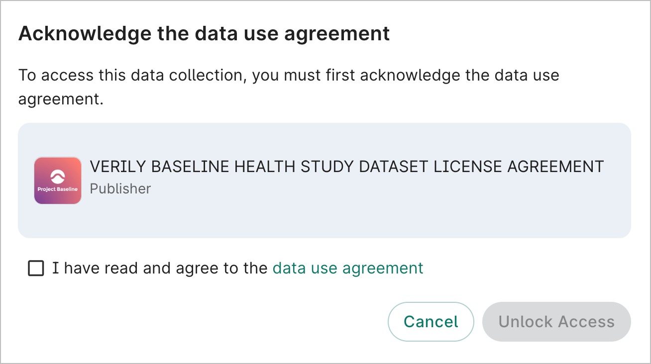 Data use agreement dialog asking user to acknowledge the agreement.