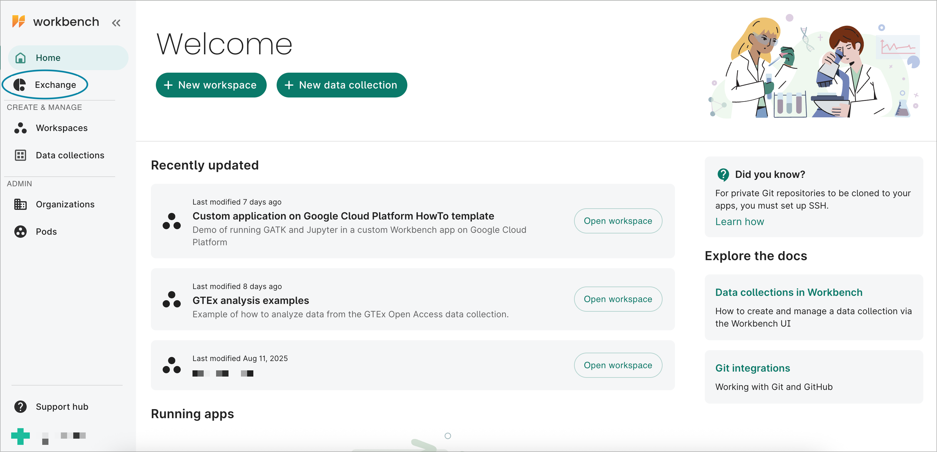 Main Workbench
  page with Exchange link highlighted.