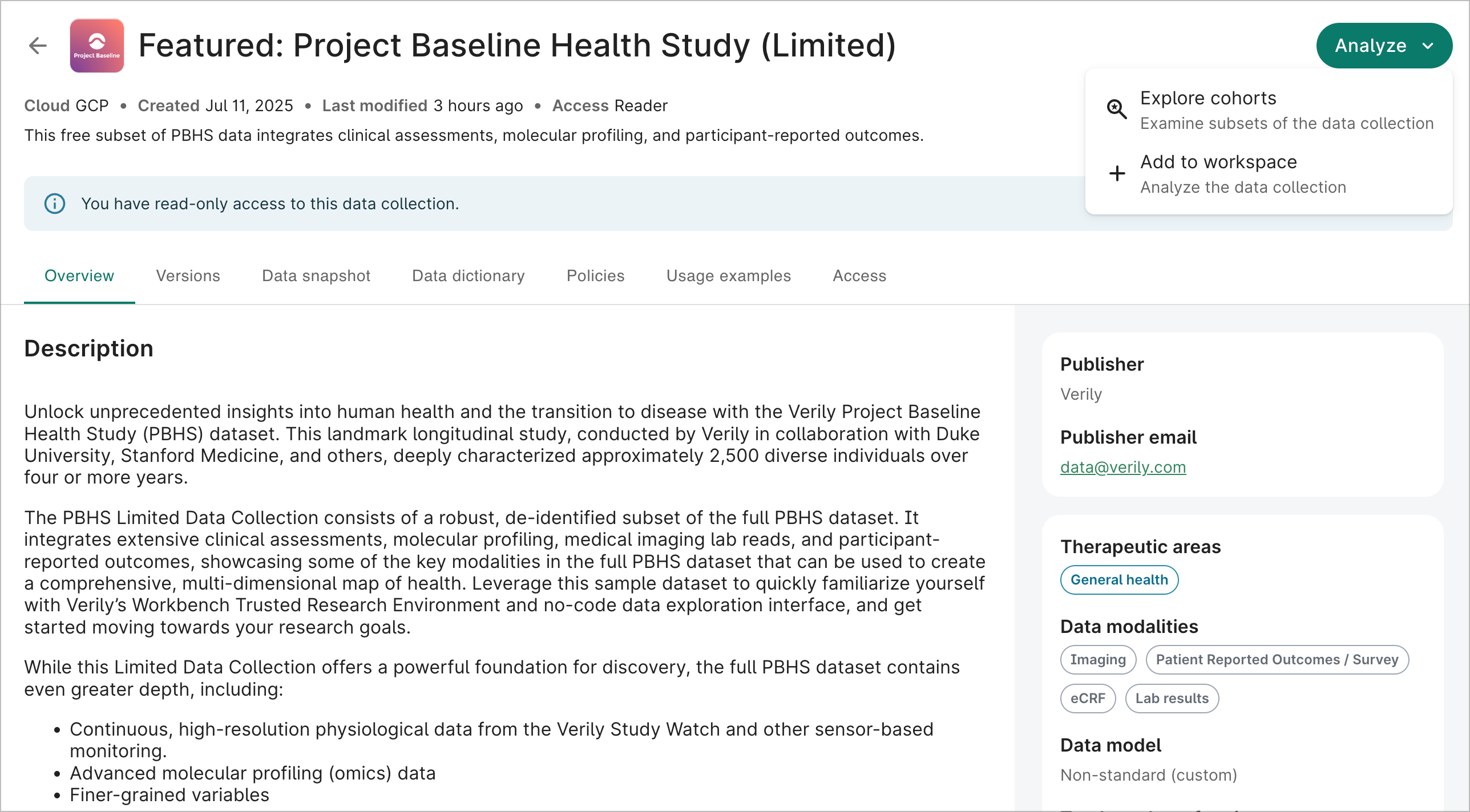 The Overview page of a data collection showing the options in the Analyze button.