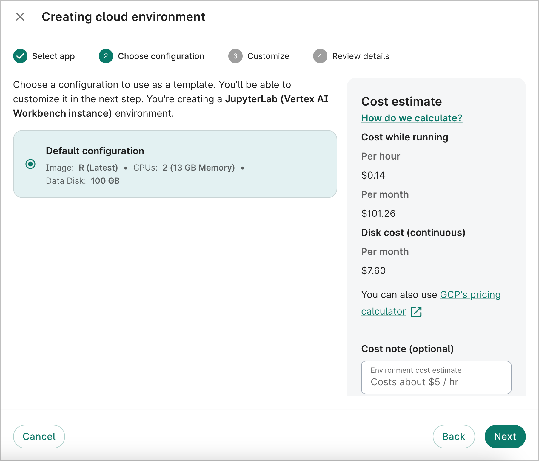 Screenshot of Choose configuration dialog, the second step when creating a new cloud environment.