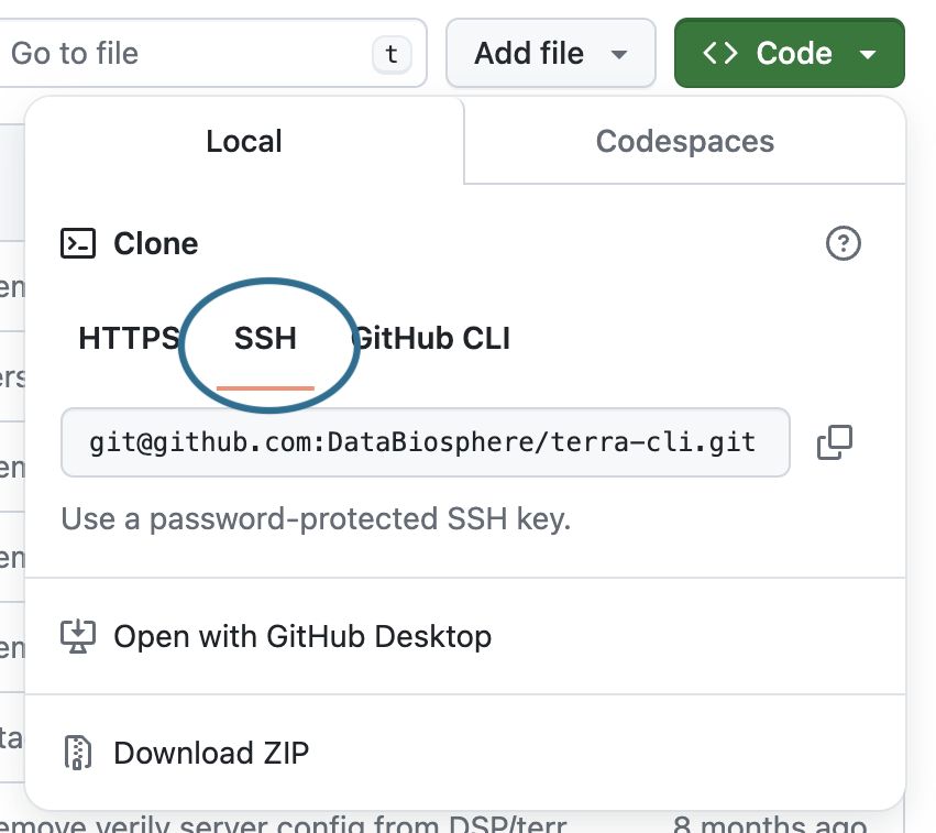 Screenshot of a GitHub page, zoomed in on the code cloning dialog and the SSH cloning method.