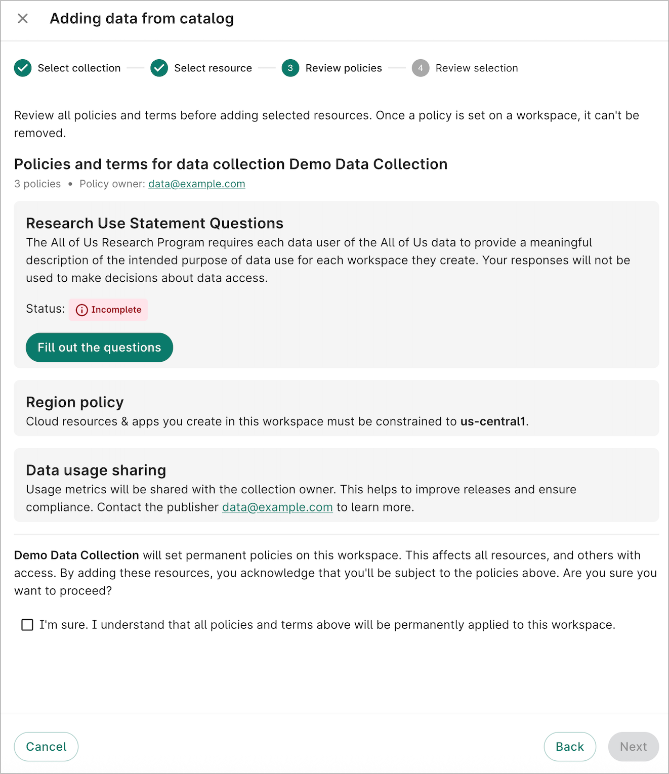 This data collection has a required form
  policy, and you must complete a required form before you can continue.