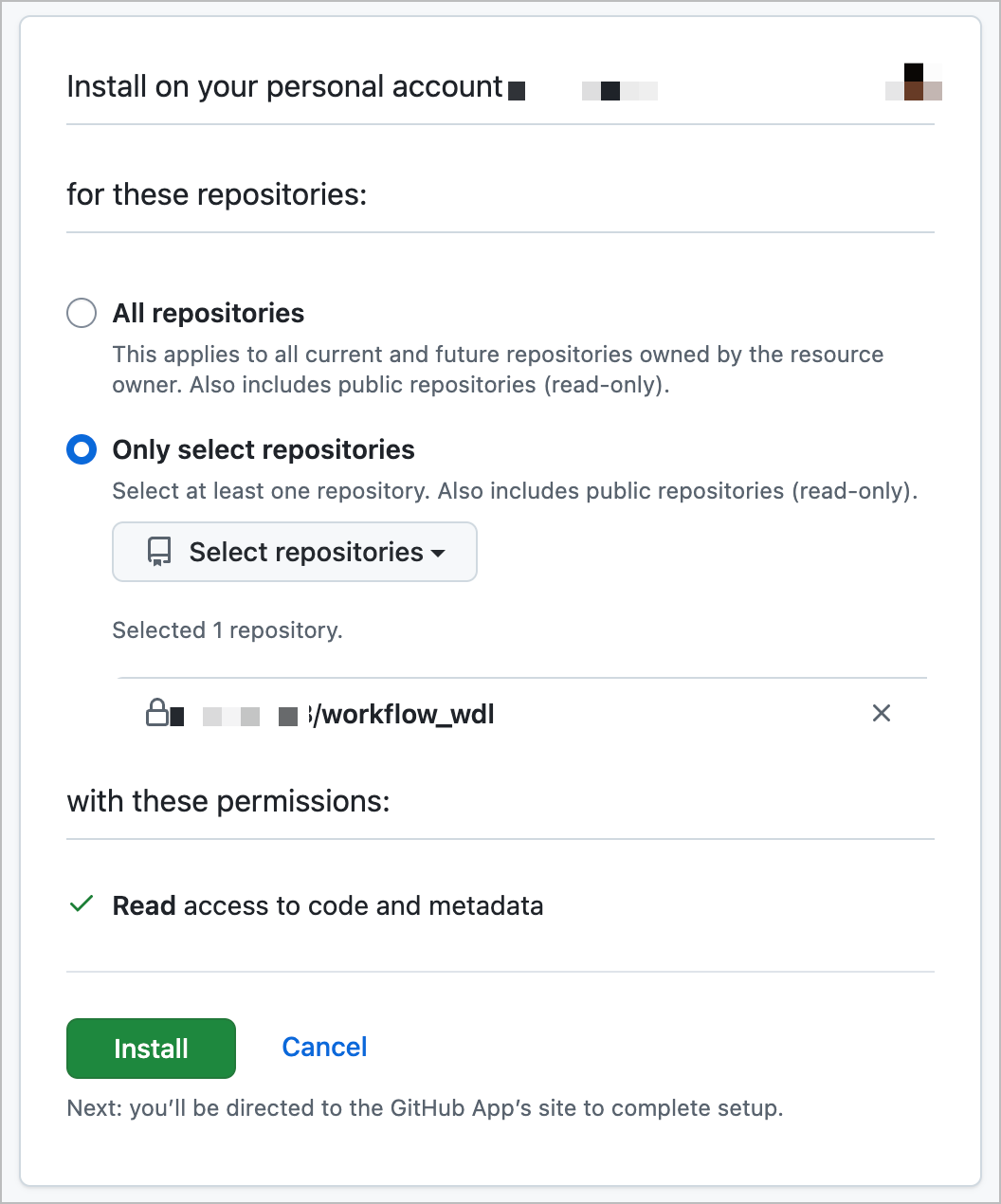 Dialog asking user to select all
  repositories or select repositories for Workbench app installation.