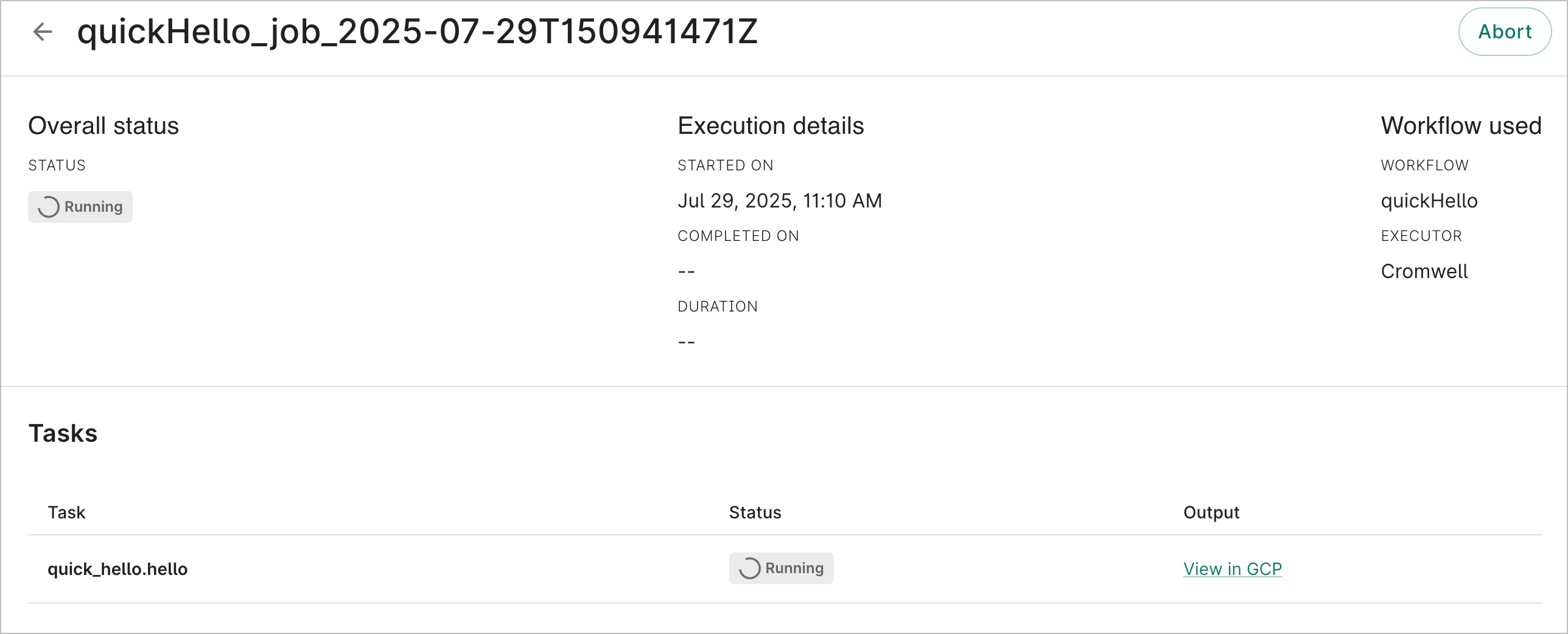 Job details page showing execution details for a running job.
