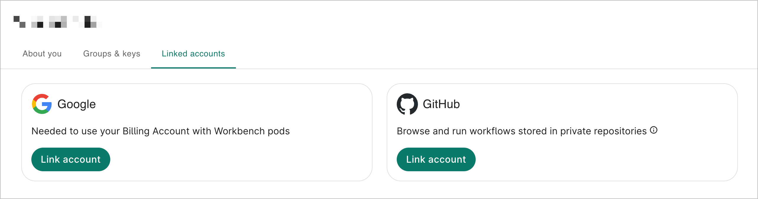 Linked accounts tab showing Google and GitHub options.