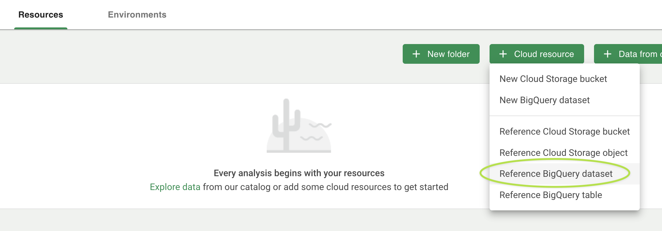 Screenshot of Resources page, highlighting 'Reference BigQuery dataset' option under '+ Cloud resource' button.