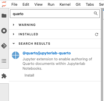 Screenshot of Extensions tab in JupyterLab, showing Quarto extension.