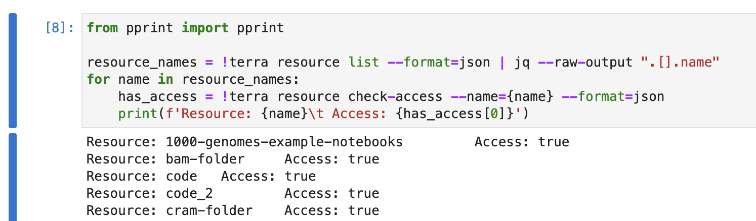 Screenshot of Python code to loop over a workspace's resources and check access.