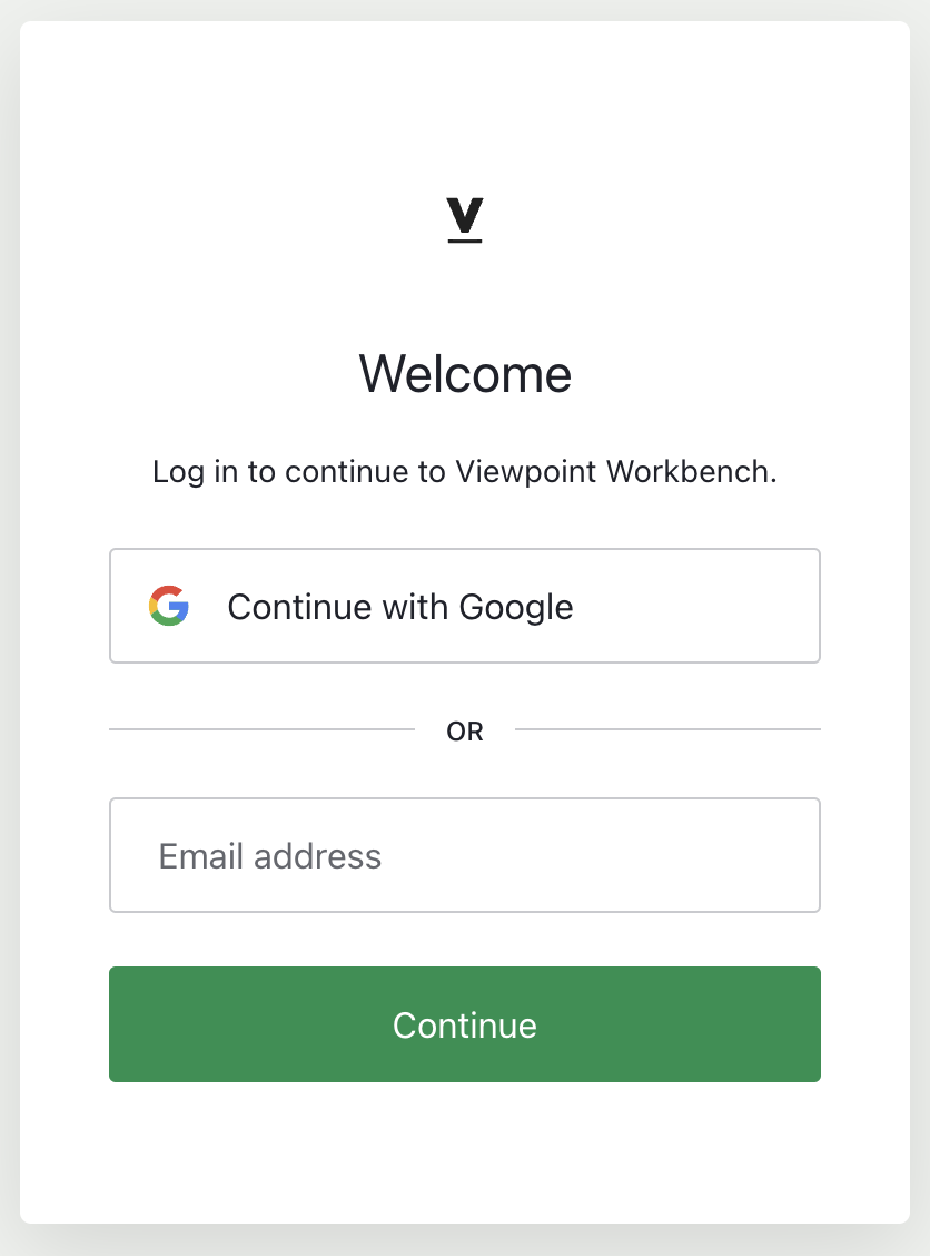 Screenshot of Verily Workbench login dialog showing 'Continue with Google' button and email address input option.