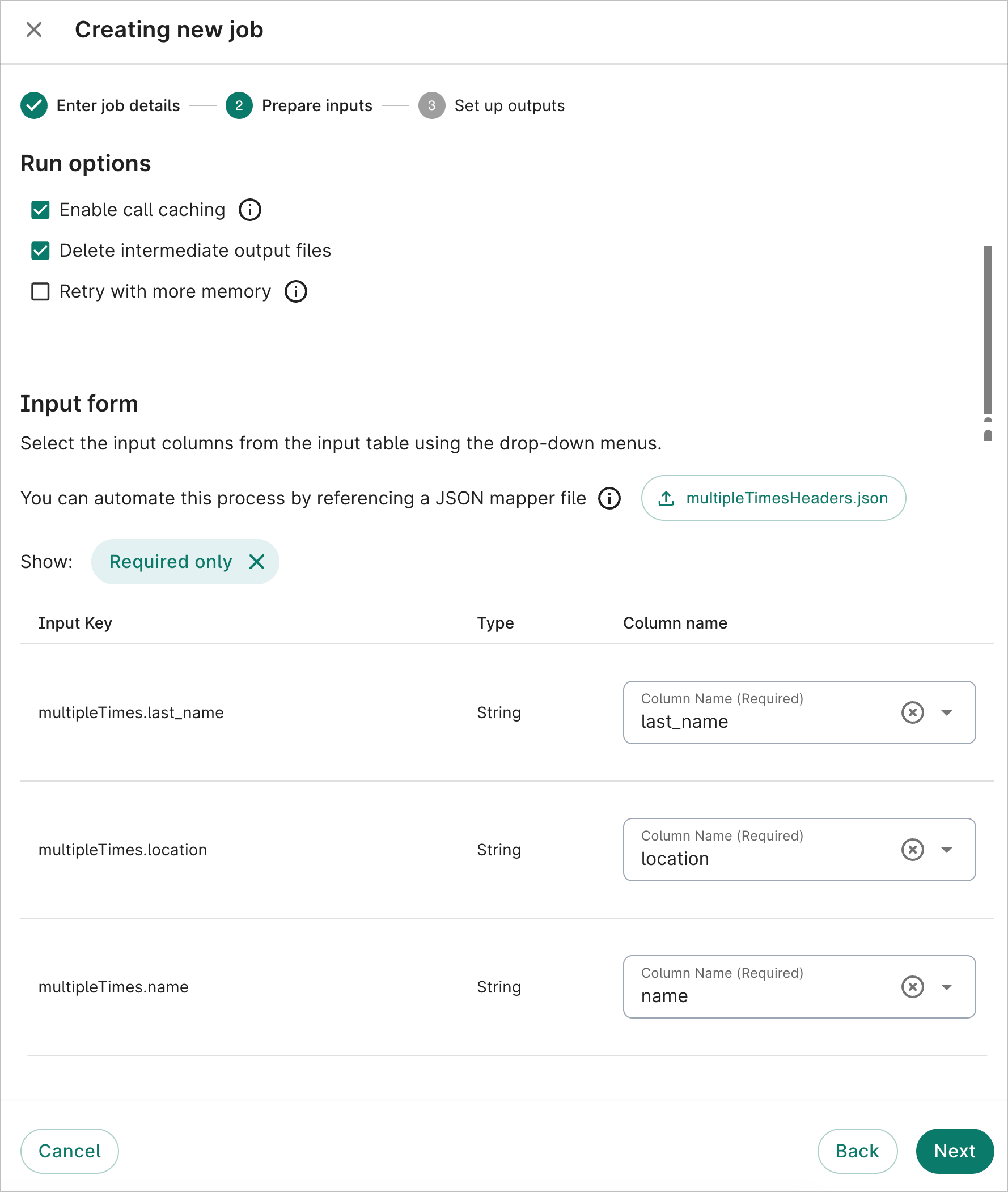 The Prepare inputs step with input keys and column names mapped.