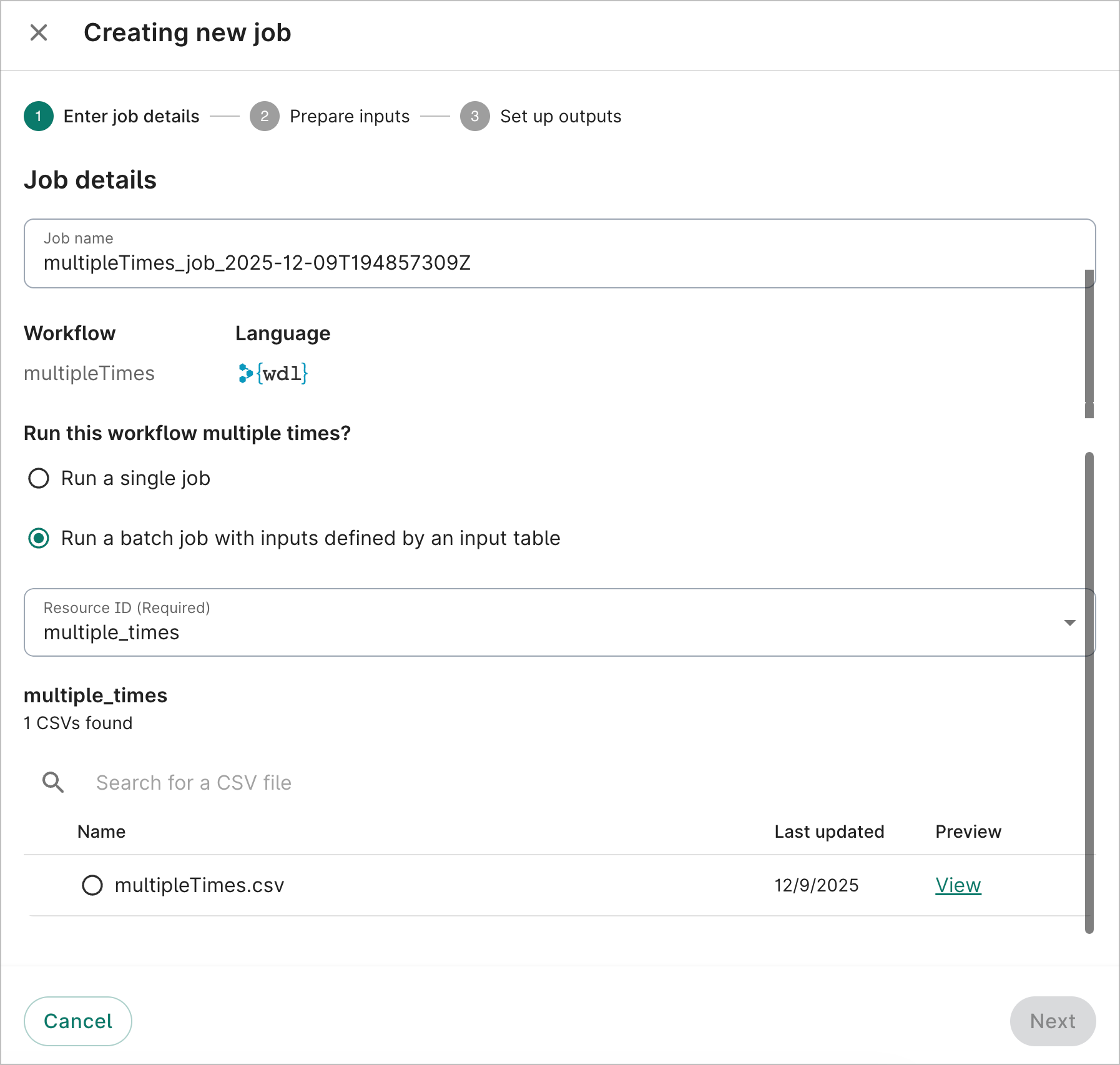 The Enter job details step with the batch job option selected.
