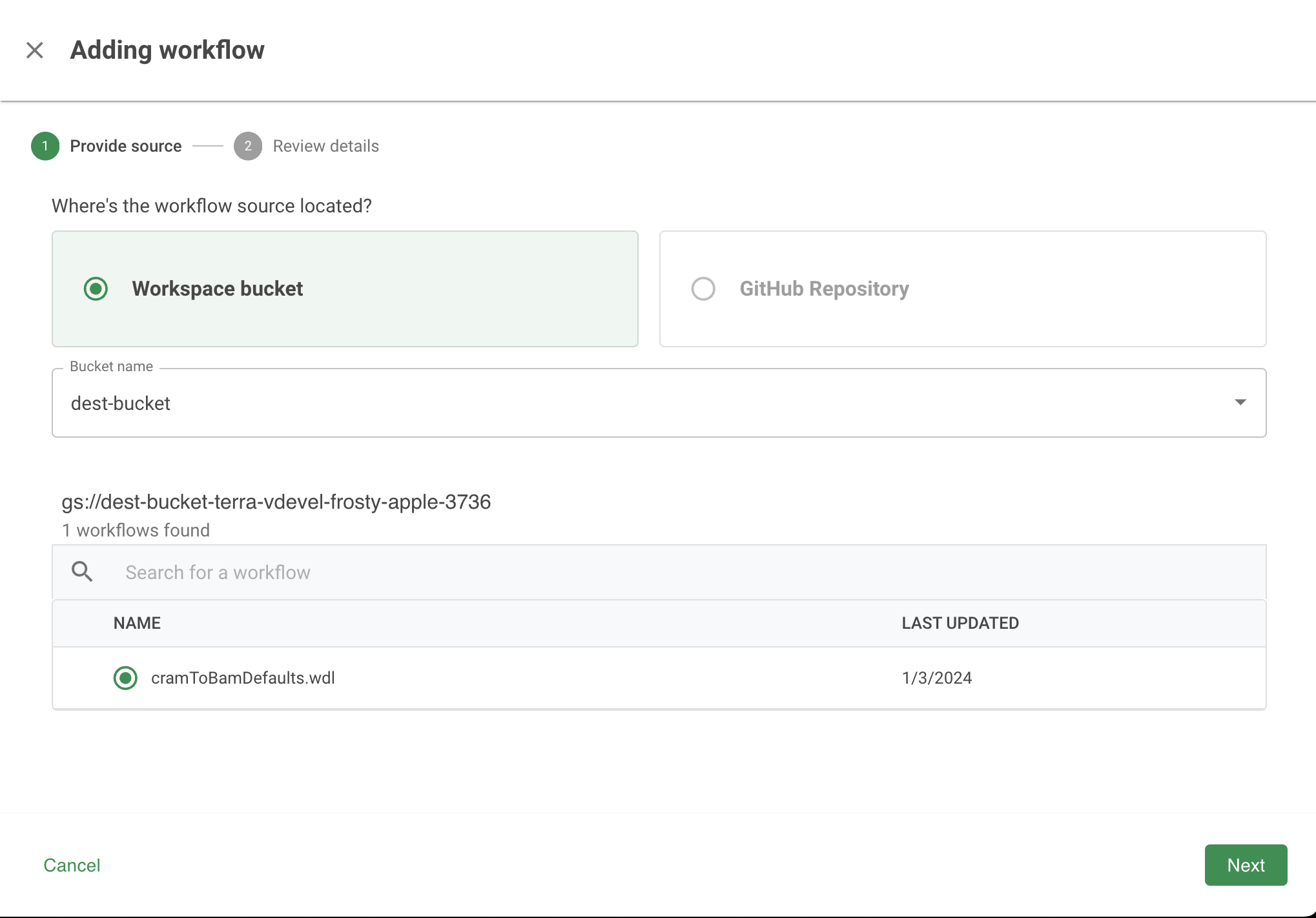 Screenshot of the Provide source dialog, the first step when adding a new workflow.