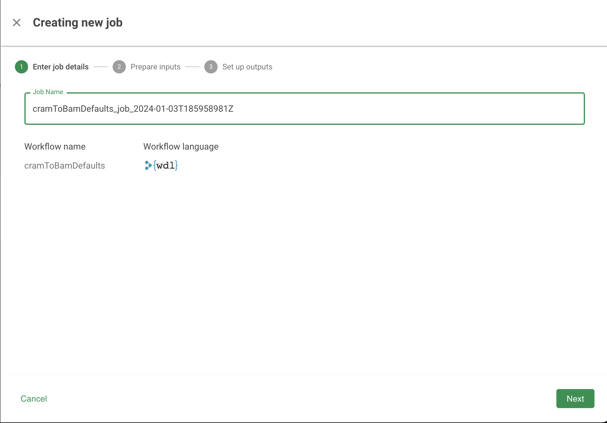 Screenshot of Enter job details dialog, the first step when creating a new job.