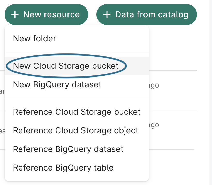 Screenshot of '+ New resource' button, highlighting 'New Cloud Storage bucket' option.