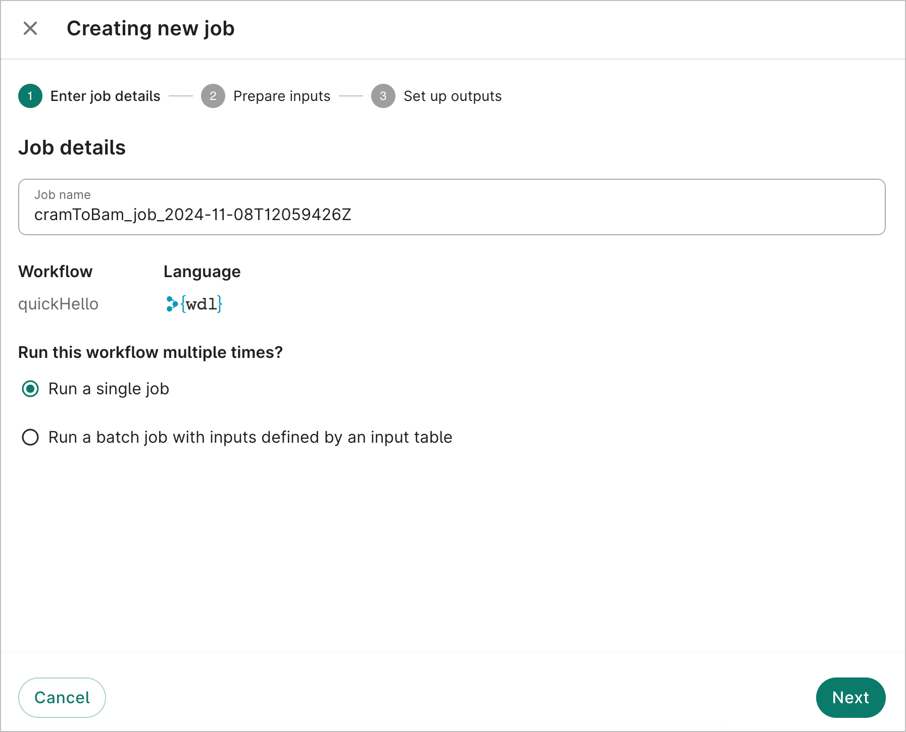 The Enter job details dialog, the first step when creating a new job.