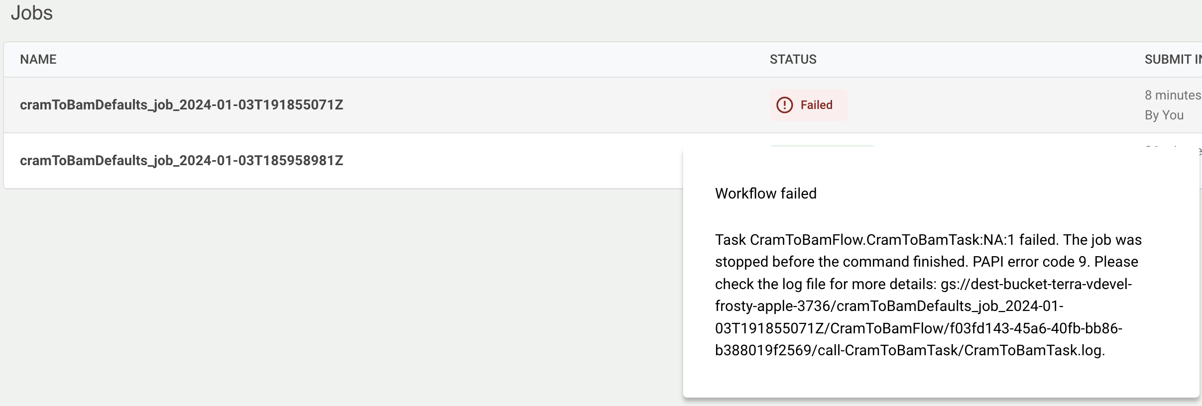 Screenshot showing a 'workflow failed' error message.